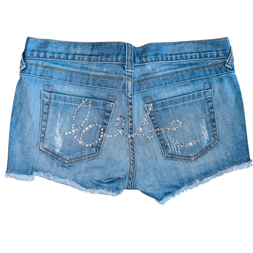 WB6 2b Bebe Rhinestone Love Denim Jean Shorts Frayed Hem Blue Size 28 USA